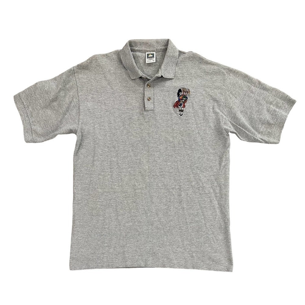 Vintage Cotton Deluxe Mens Gray Polo Shirt Size XL Scottish Bagpipes Embroidery